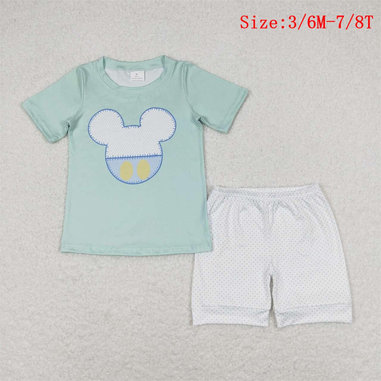 BSSO0675  Green Cartoon Mouse Top Dots Shorts Boys Summer Clothes Set