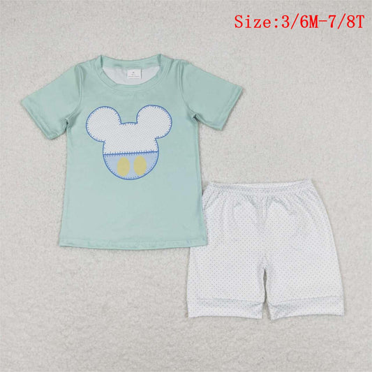 BSSO0675  Green Cartoon Mouse Top Dots Shorts Boys Summer Clothes Set