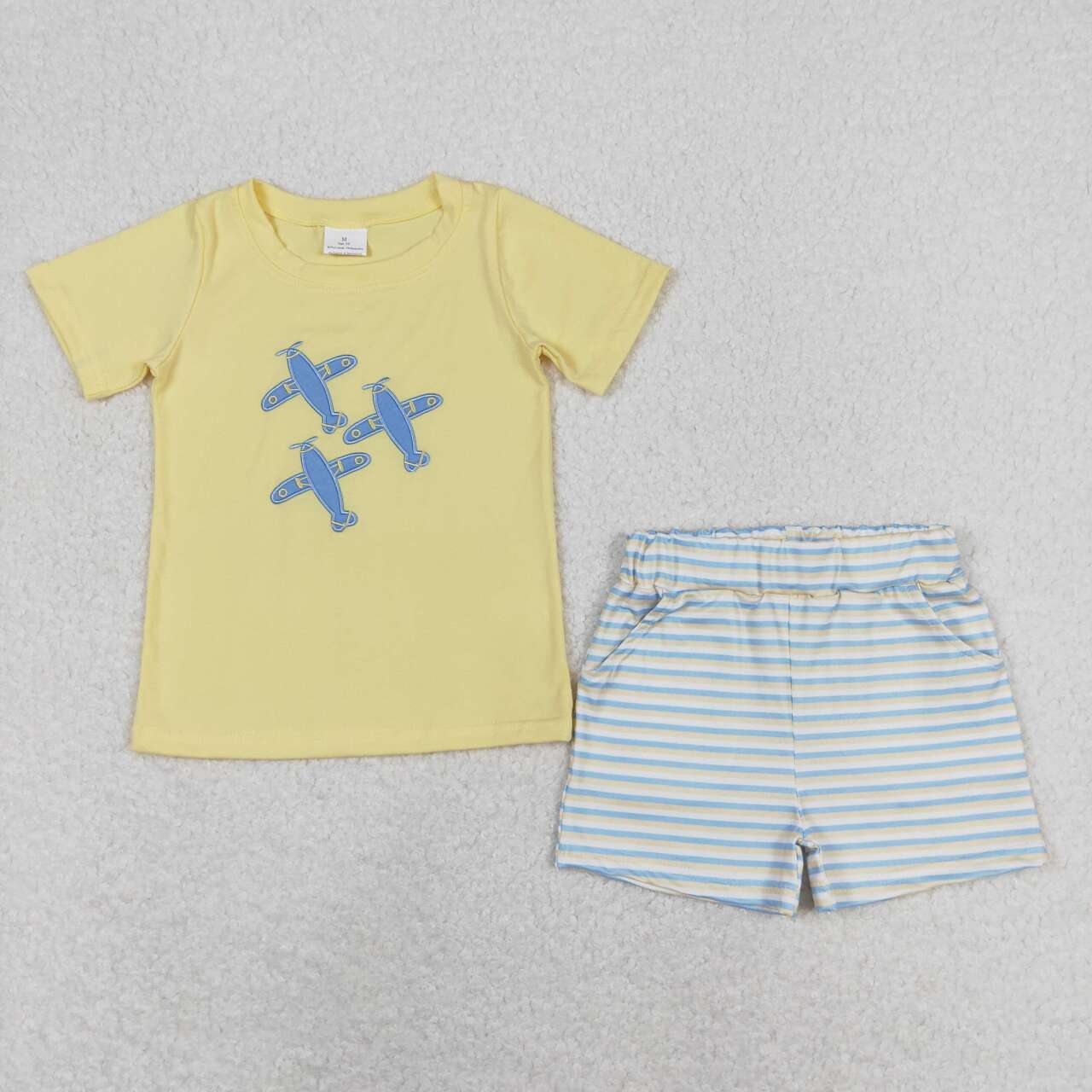 BSSO0696  Plane Embroidery Yellow Top Stripes Shorts Boys Summer Clothes Set