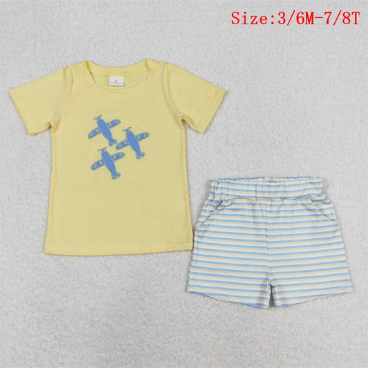 BSSO0696  Plane Embroidery Yellow Top Stripes Shorts Boys Summer Clothes Set