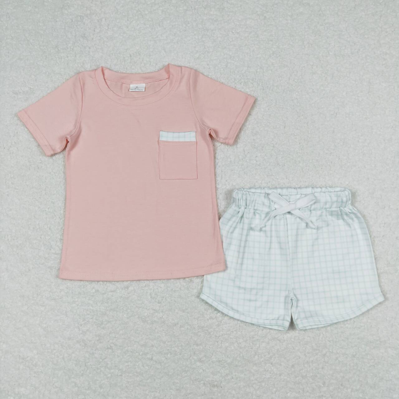 BSSO0698  Pink Pocket Top Plaid Shorts Boys Summer Clothes Set