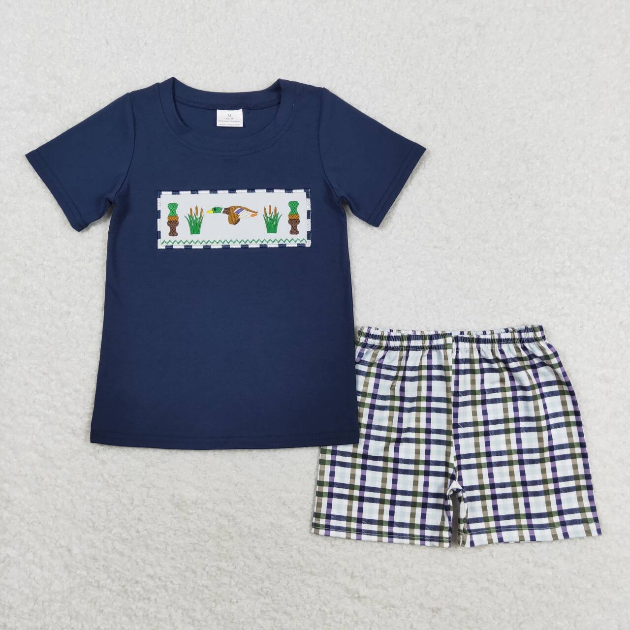 BSSO0710  Duck Embroidery Navy Top Plaid Shorts Boys Summer Clothes Set
