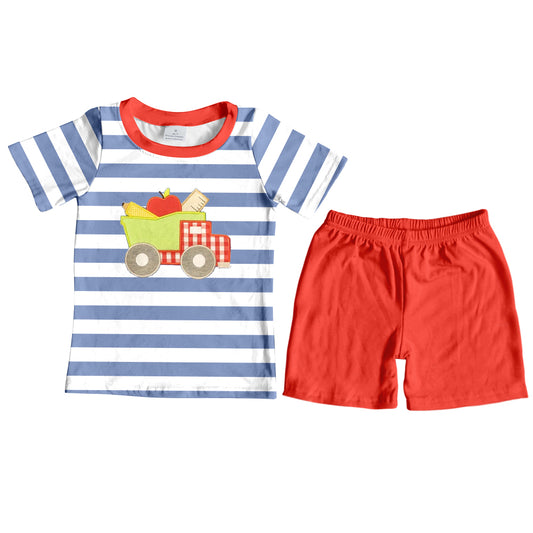 (Pre-order)BSSO0722  Pen Ruler Apple Truck Print Top Red Shorts Boys Back to School Clothes Set