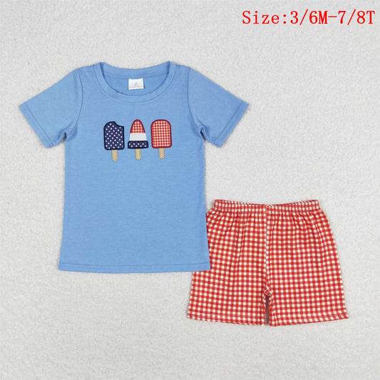 BSSO0744  Popsicle Embroidery Blue Top Red Plaid Shorts Boys 4th of July Clothes Set