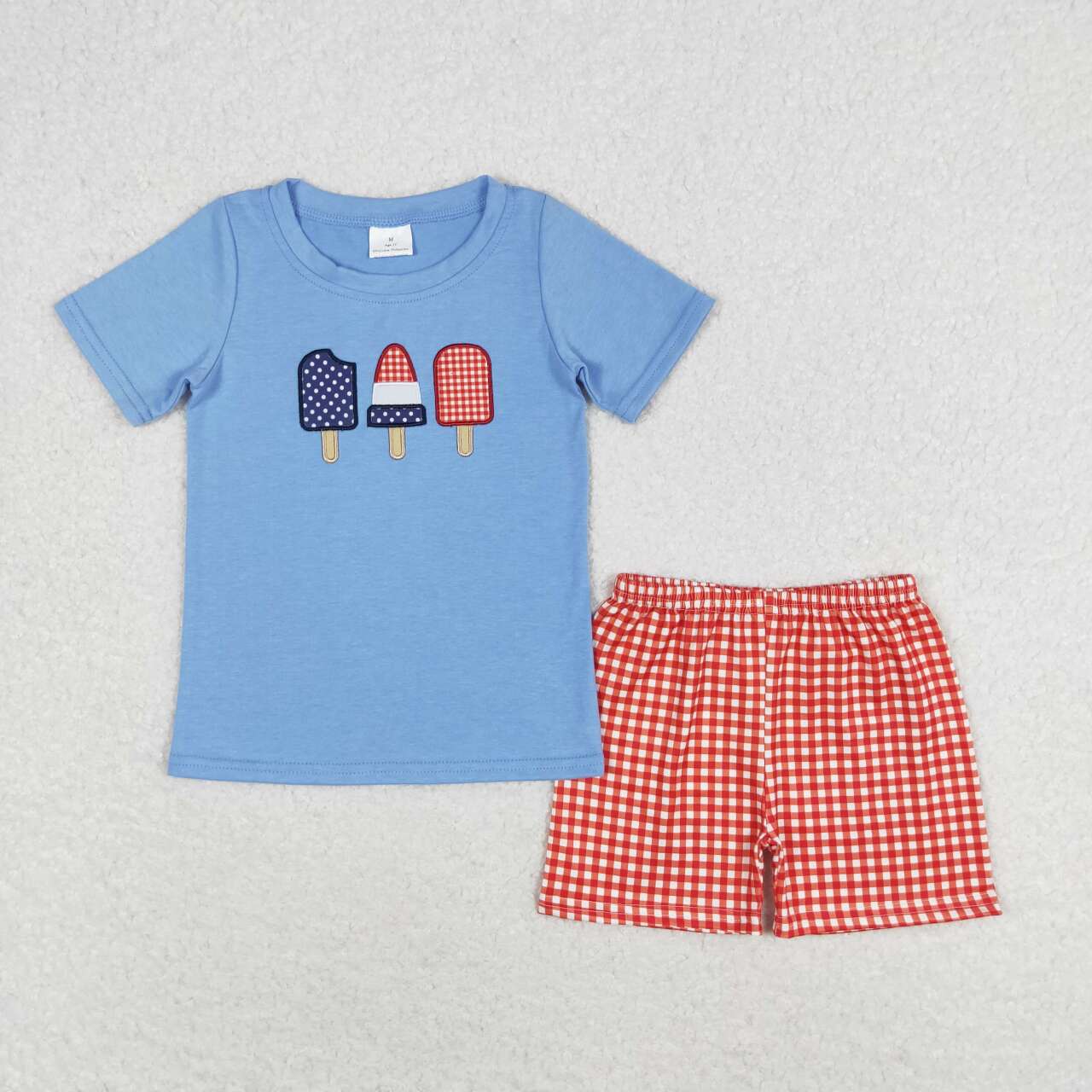 BSSO0744  Popsicle Embroidery Blue Top Red Plaid Shorts Boys 4th of July Clothes Set