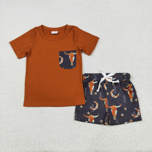 BSSO0758  Brown Pocket Top Cow Skull Aztec Shorts Boys Western Summer Clothes Set
