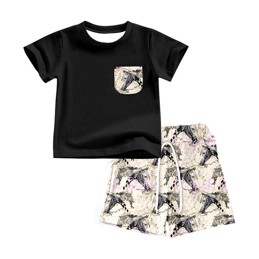 (Pre-order)BSSO0762  Black Pocket Top Horse Shorts Boys Western Summer Clothes Set