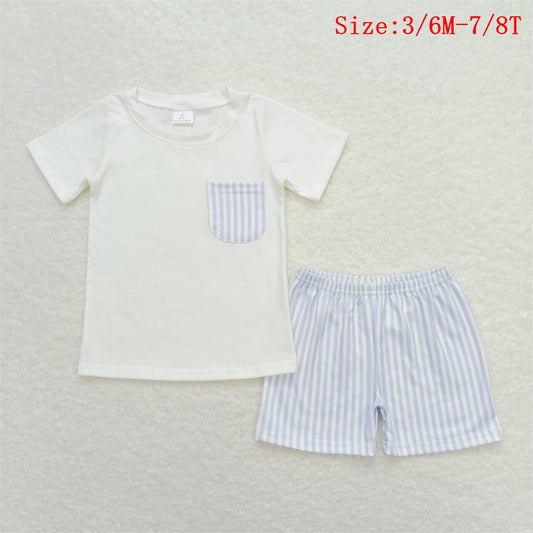 BSSO0764  White Pocket Top Blue Stripes Shorts Boys Summer Clothes Set