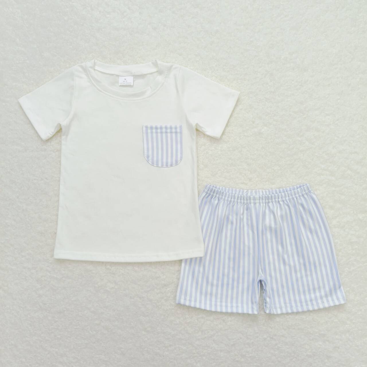 BSSO0764  White Pocket Top Blue Stripes Shorts Boys Summer Clothes Set
