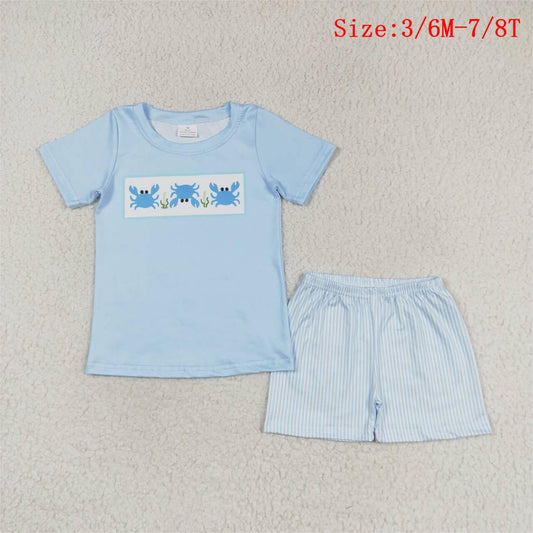 BSSO0765  Blue Crab Top Stripes Shorts Boys Summer Clothes Set