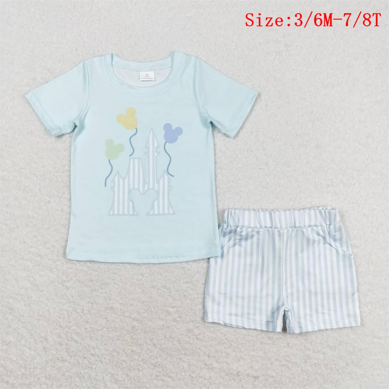 BSSO0777  Blue Cartoon Castle Top Stripes Shorts Boys Summer Clothes Set