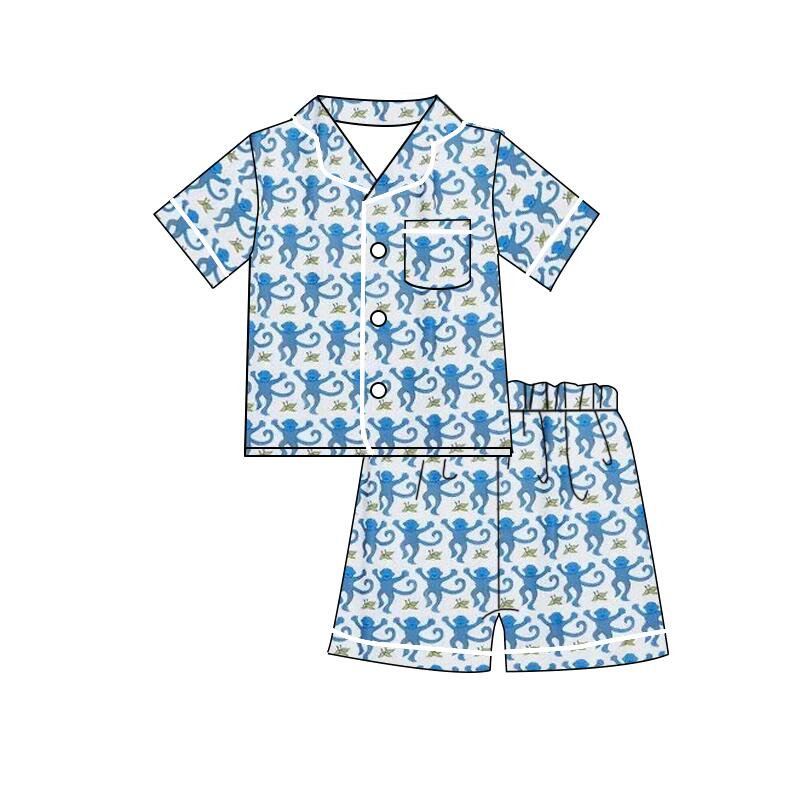 (Pre-order)BSSO0793  Blue Monkey Print Boys Summer Pajamas Clothes Set