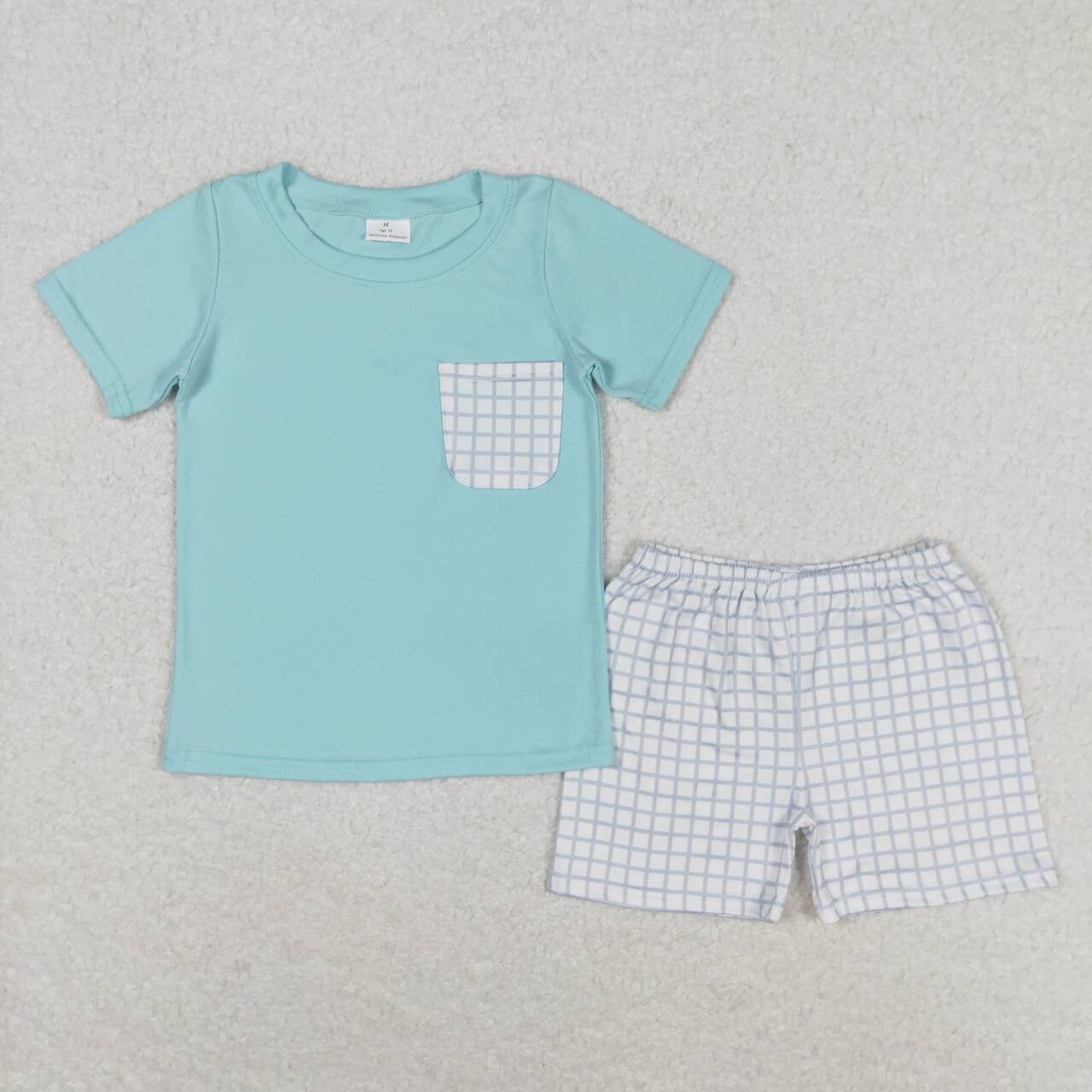 BSSO0799  Aqua Pocket Top Plaid Shorts Boys Summer Clothes Set