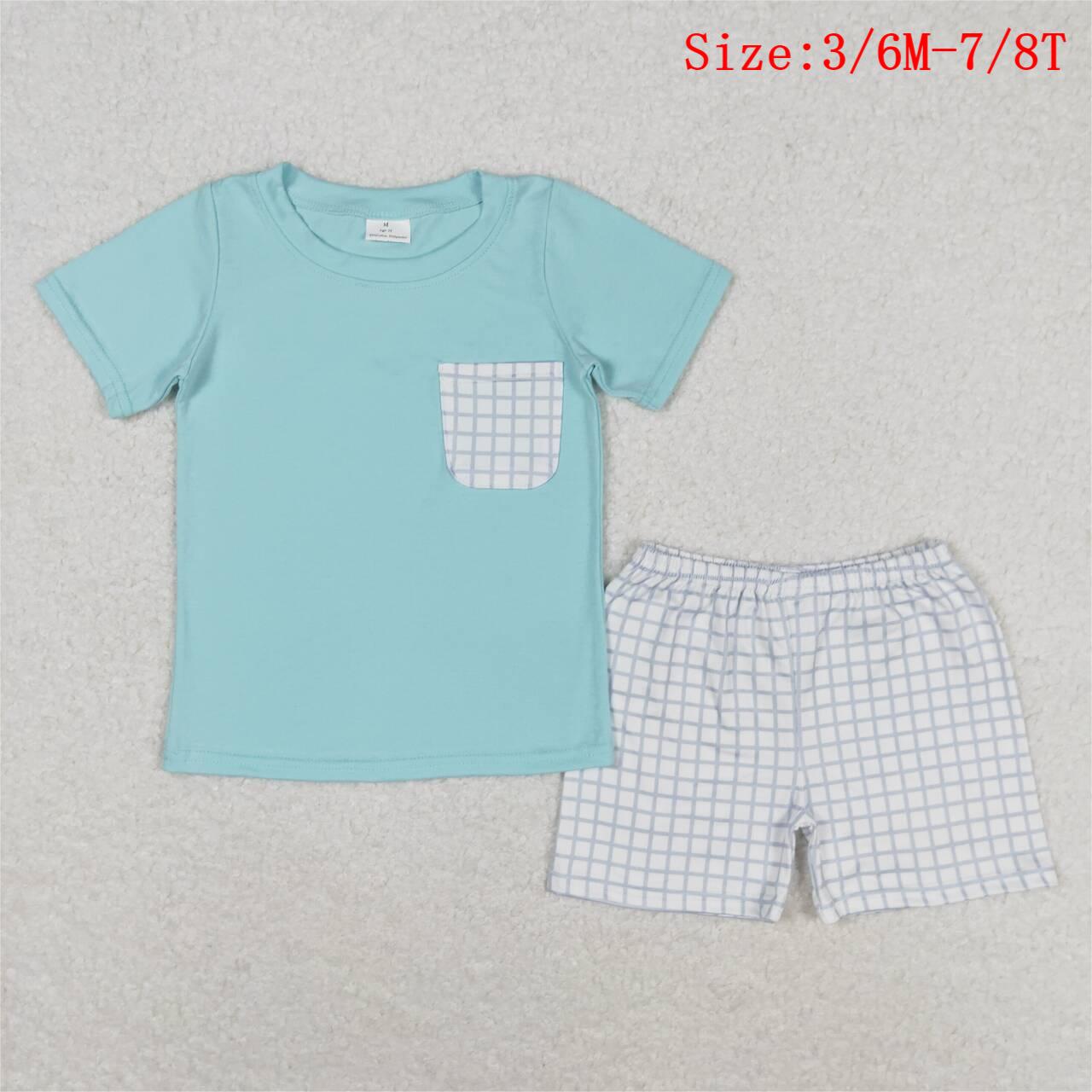 BSSO0799  Aqua Pocket Top Plaid Shorts Boys Summer Clothes Set