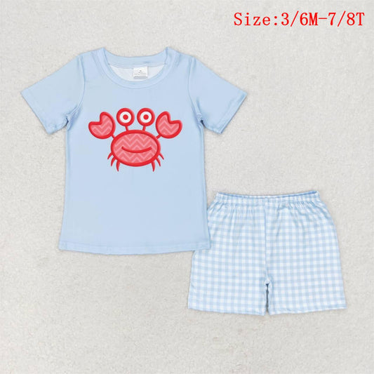 BSSO0808  Crab Blue Top Plaid Print Boys Summer Clothes Set