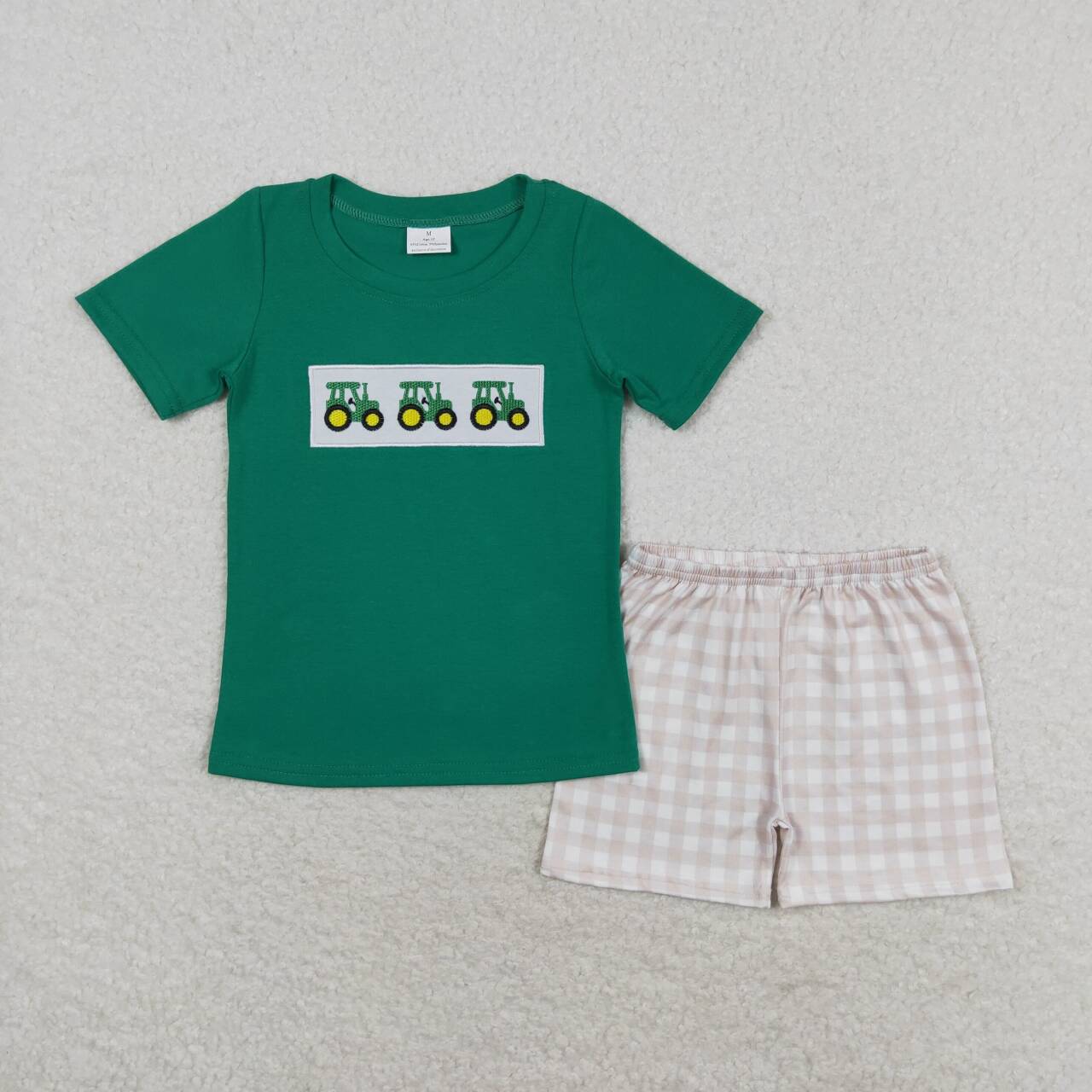 BSSO0809  Tractors Embroidery Green Top Plaid Shorts Boys Summer Clothes Set