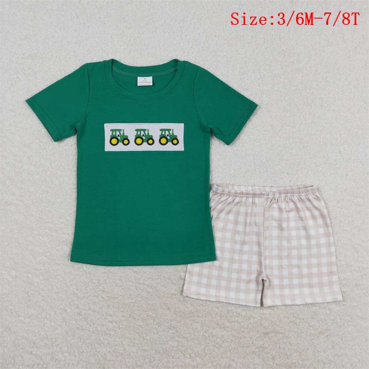 BSSO0809  Tractors Embroidery Green Top Plaid Shorts Boys Summer Clothes Set