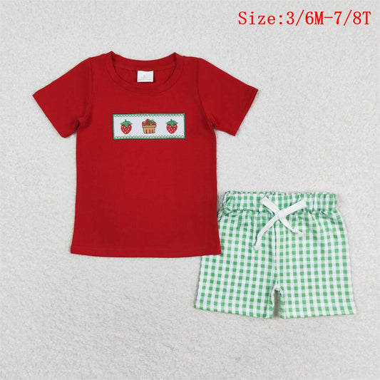 BSSO0810  Strawberry Embroidery Red Top Green Plaid Shorts Boys Summer Clothes Set