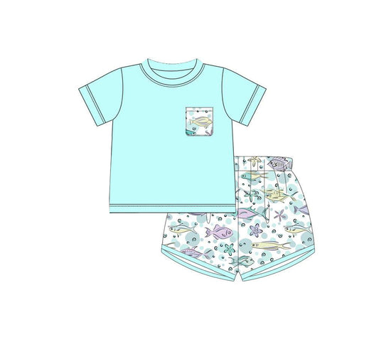 (Pre-order)BSSO0819  Aqua Pocket Top Fish Shorts Boys Summer Clothes Set