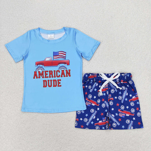 BSSO0823  Truck Flag Stars American Dude Print Boys 4th of July Clothes Set