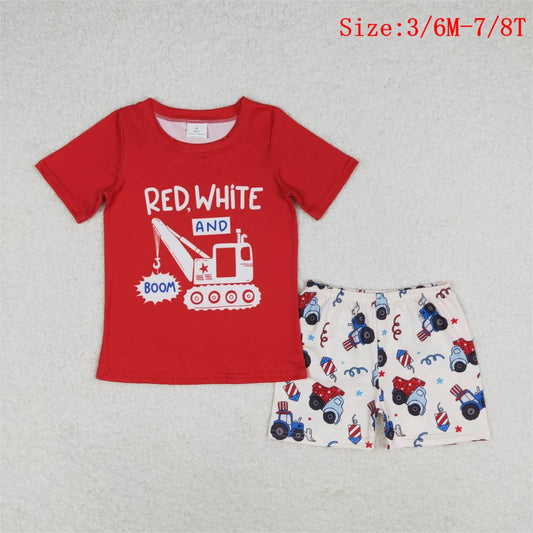 BSSO0825  Construction Red Top Fireworks Shorts Boys 4th of July Clothes Set