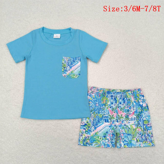 BSSO0840 Blue Pocket Top Shorts Boys Summer Clothes Set