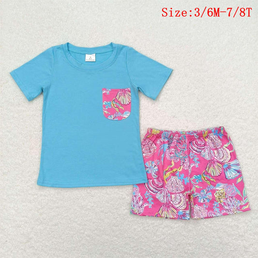 BSSO0841 Blue Pocket Top Shell Seaweed Shorts Boys Summer Clothes Set