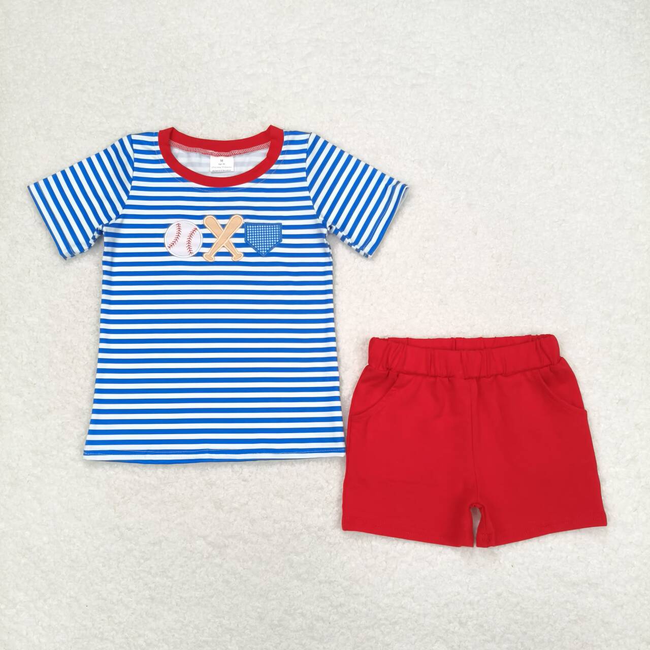 BSSO0844 Baseball Embroidery Print Top Red Shorts Boys Summer Clothes Set