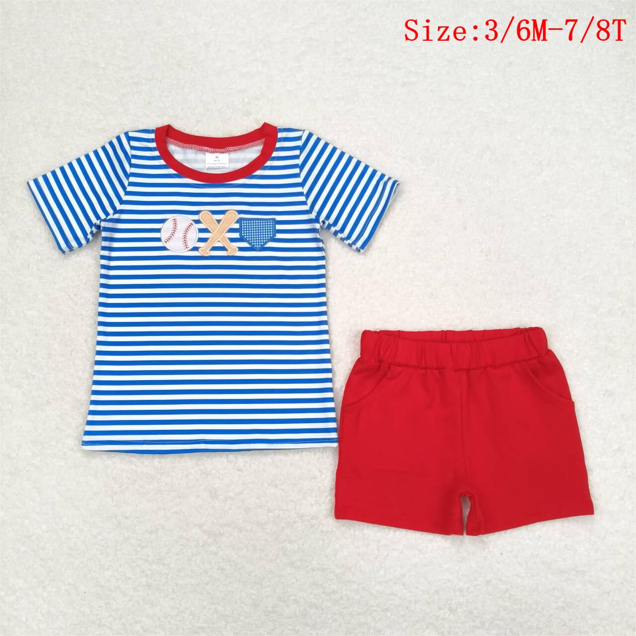 BSSO0844 Baseball Embroidery Print Top Red Shorts Boys Summer Clothes Set