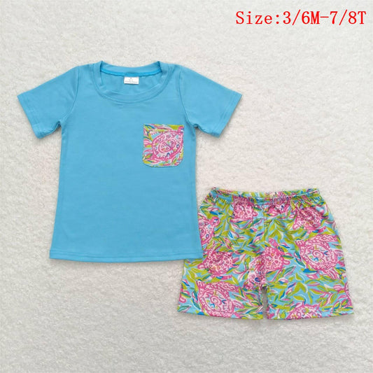 BSSO0846 Blue Pocket Top Turtle Seaweed Shorts Boys Summer Clothes Set