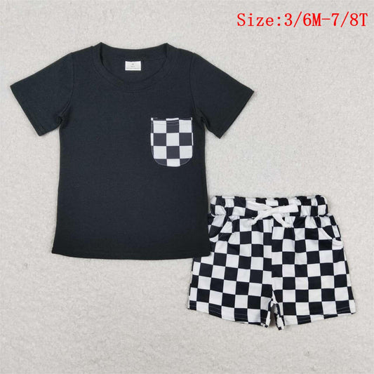 BSSO0852 Black Pocket Top Plaid Shorts Boys Summer Clothes Set