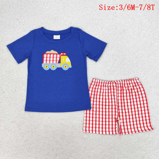 BSSO0857 Construction Embroidery Top Plaid Shorts Boys Summer Clothes Set