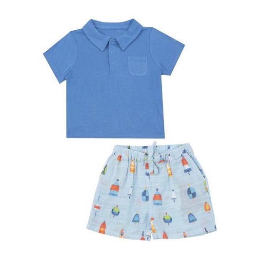 (Pre-order)BSSO0861  Blue Top Fish Floats Shorts Boys Summer Clothes Set
