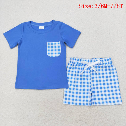 BSSO0865  Blue Pocket Top Plaid Shorts Boys Summer Clothes Set