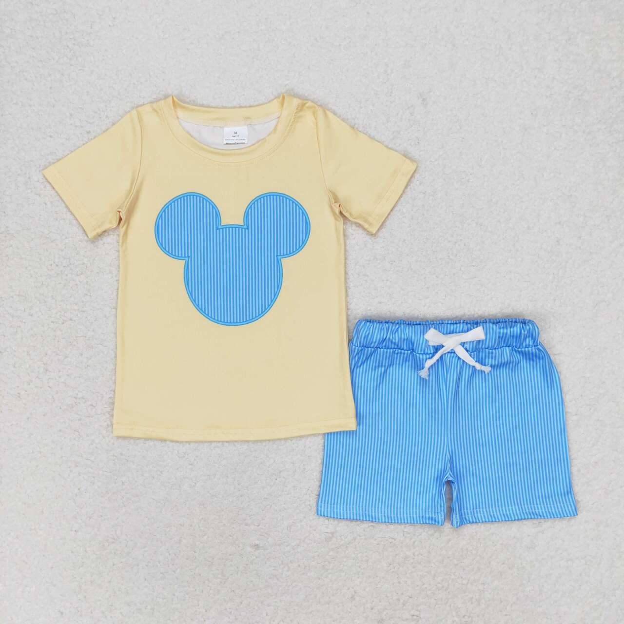 BSSO0875  Cartoon Mouse Yellow Top Blue Shorts Boys Summer Clothes Set