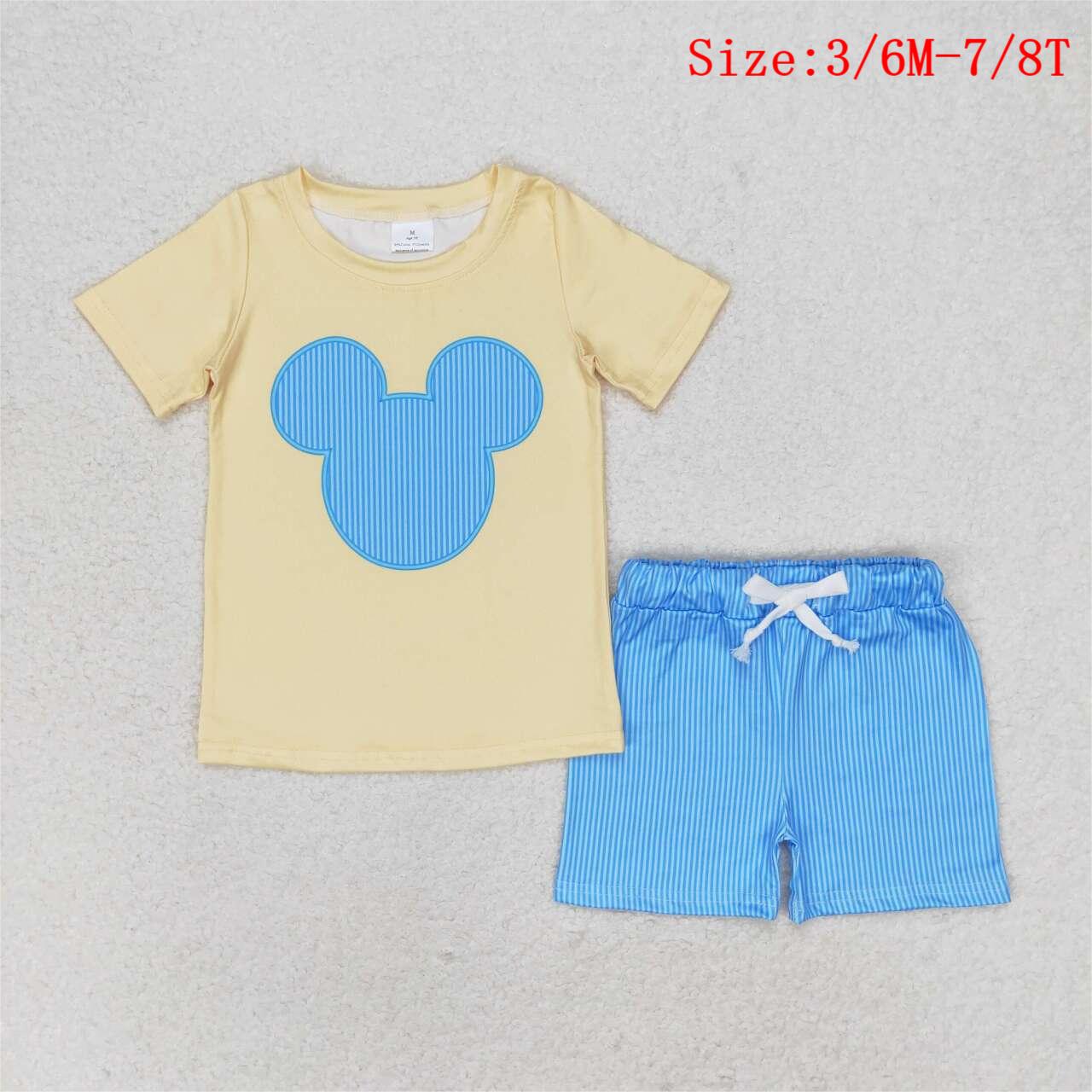 BSSO0875  Cartoon Mouse Yellow Top Blue Shorts Boys Summer Clothes Set