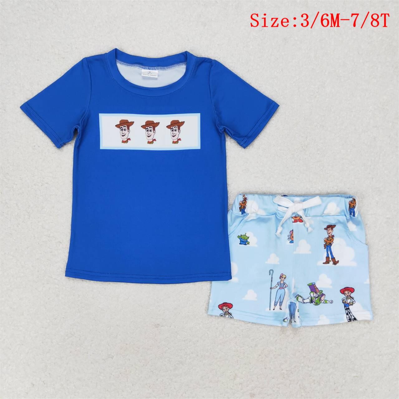 BSSO0892 Blue Cartoon Toys Top Pockets Shorts Boys Summer Clothes Set