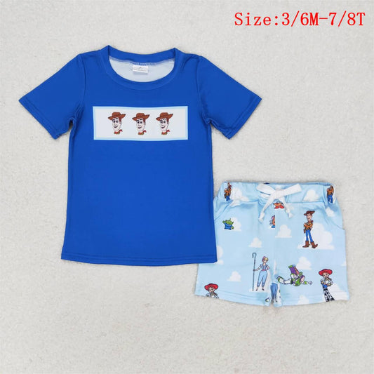 BSSO0892 Blue Cartoon Toys Top Pockets Shorts Boys Summer Clothes Set