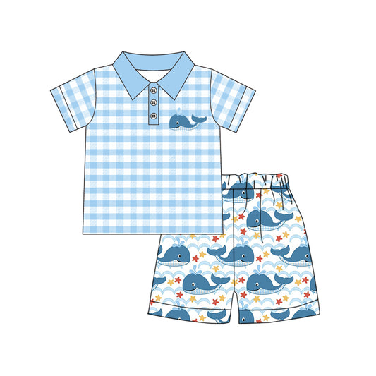 (Pre-order)BSSO0898 Blue Plaid Polo Top Whale Shorts Boys Summer Clothes Set