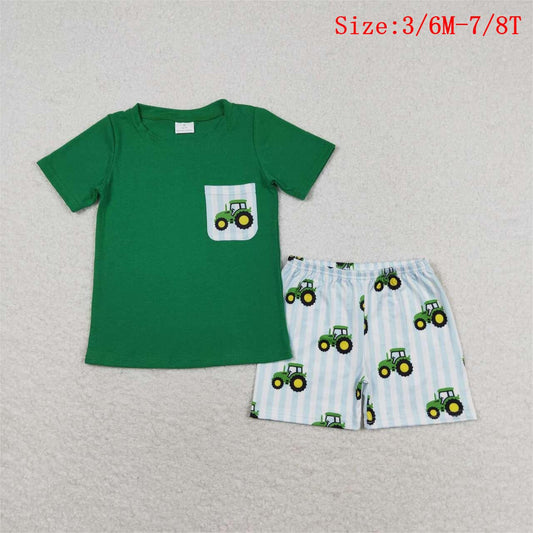 BSSO0903 Green Pocket Top Tractors Shorts Boys Summer Clothes Set