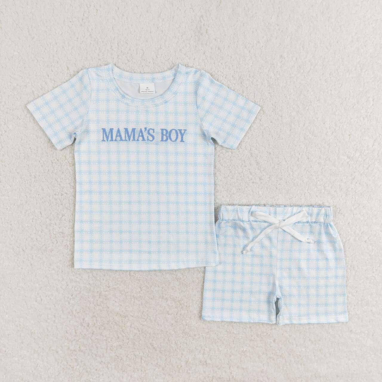 BSSO0912 MAMA'S BOY Embroidery Blue Plaid Print Boys Summer Clothes Set