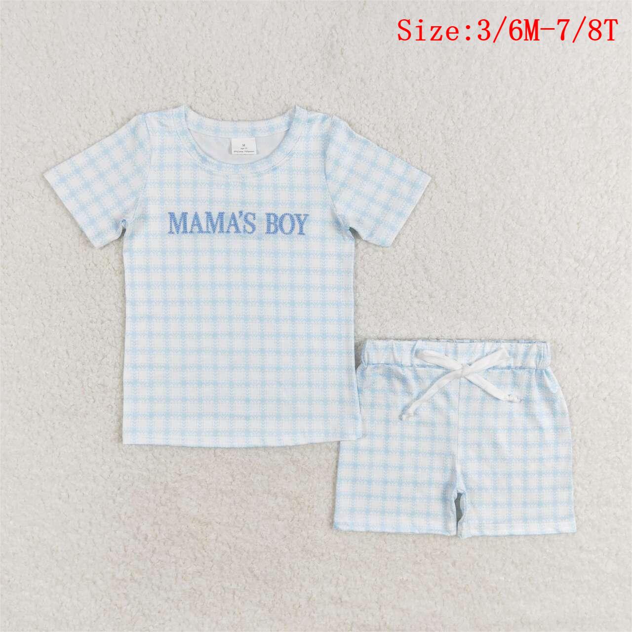 BSSO0912 MAMA'S BOY Embroidery Blue Plaid Print Boys Summer Clothes Set