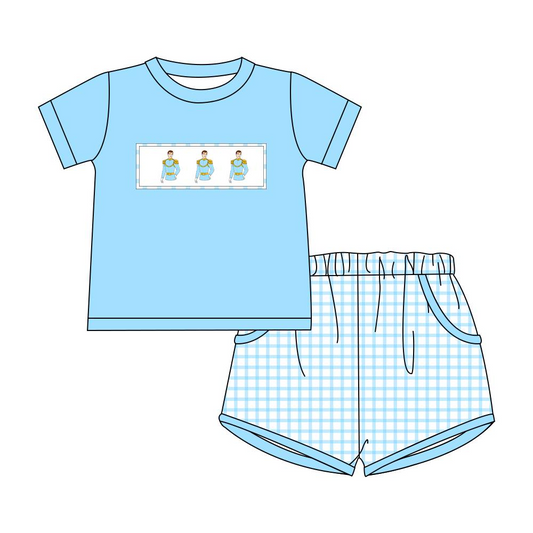 (Pre-order)BSSO0914 Cartoon Prince Blue Top Plaid Shorts Boys Summer Clothes Set