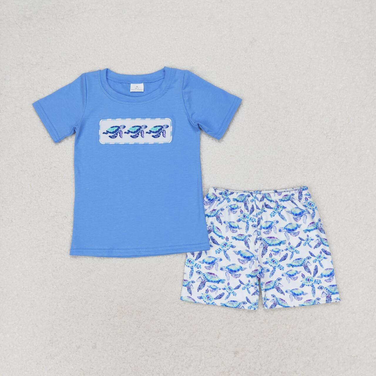 BSSO0916 Sea Turtle Embroidery Blue Top Shorts Boys Summer Clothes Set