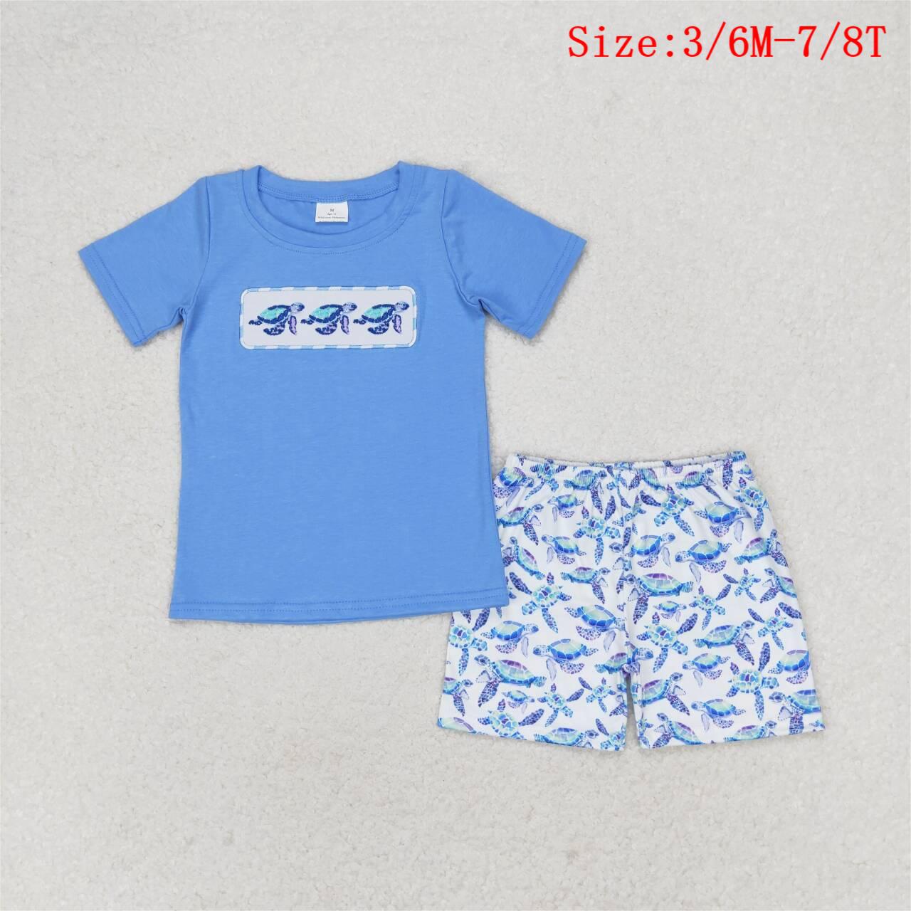 BSSO0916 Sea Turtle Embroidery Blue Top Shorts Boys Summer Clothes Set