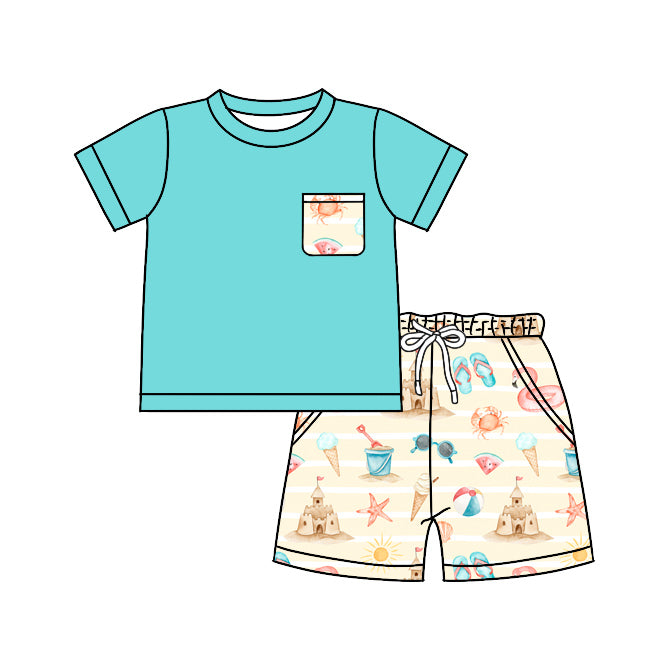 (Pre-order)BSSO0917 Blue Pocket Top Beach Castle Shorts Boys Summer Clothes Set