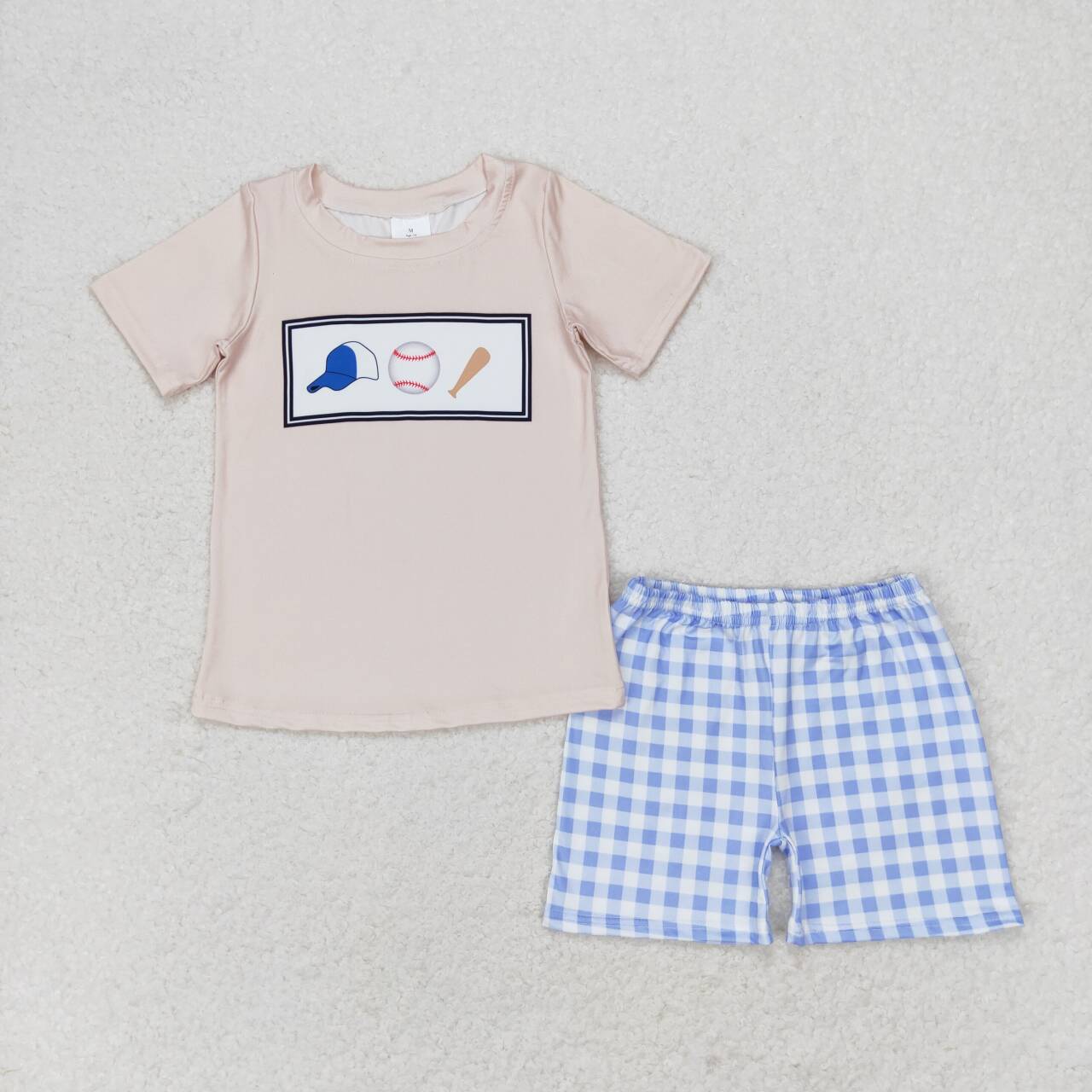 BSSO0919 Baseball Top Plaid Shorts Boys Summer Clothes Set