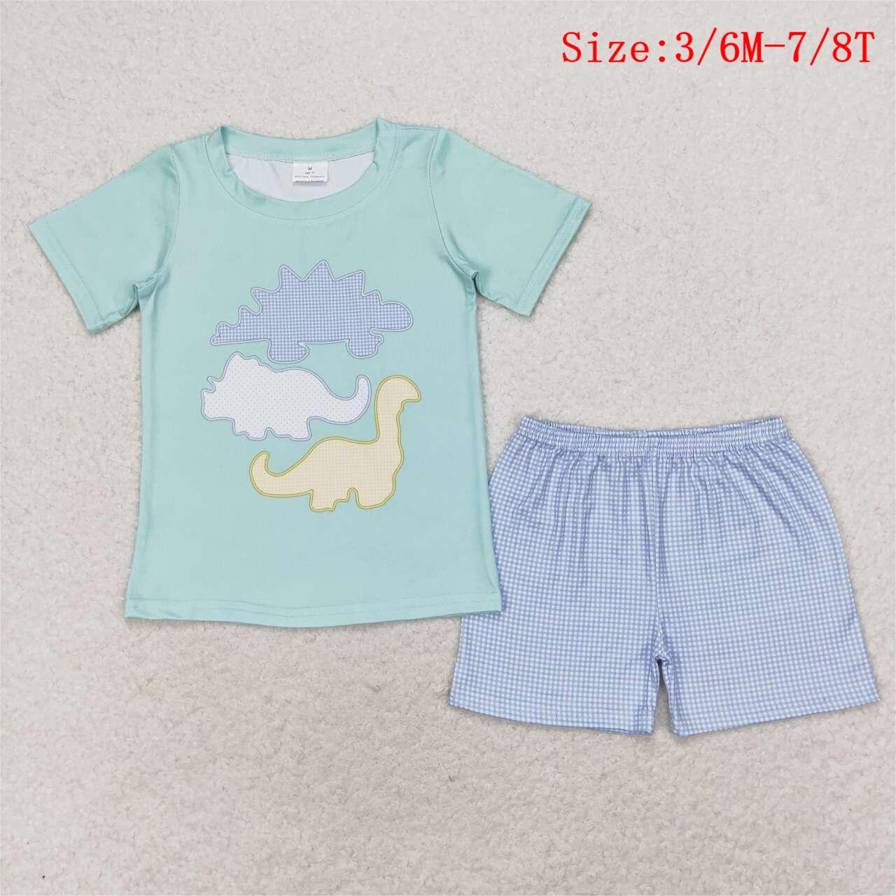 BSSO0920 Dino Top Blue Plaid Shorts Boys Summer Clothes Set