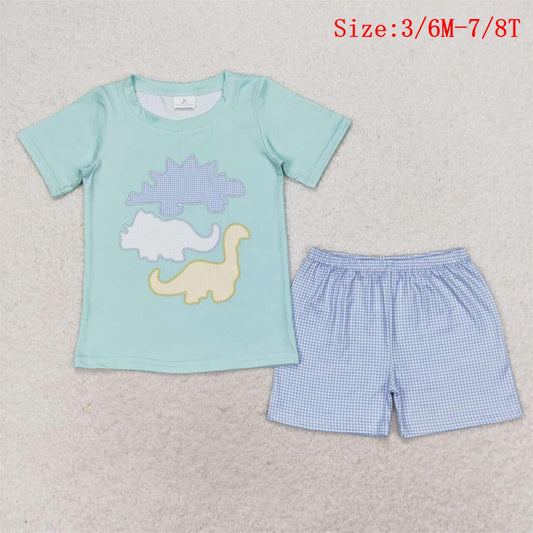 BSSO0920 Dino Top Blue Plaid Shorts Boys Summer Clothes Set