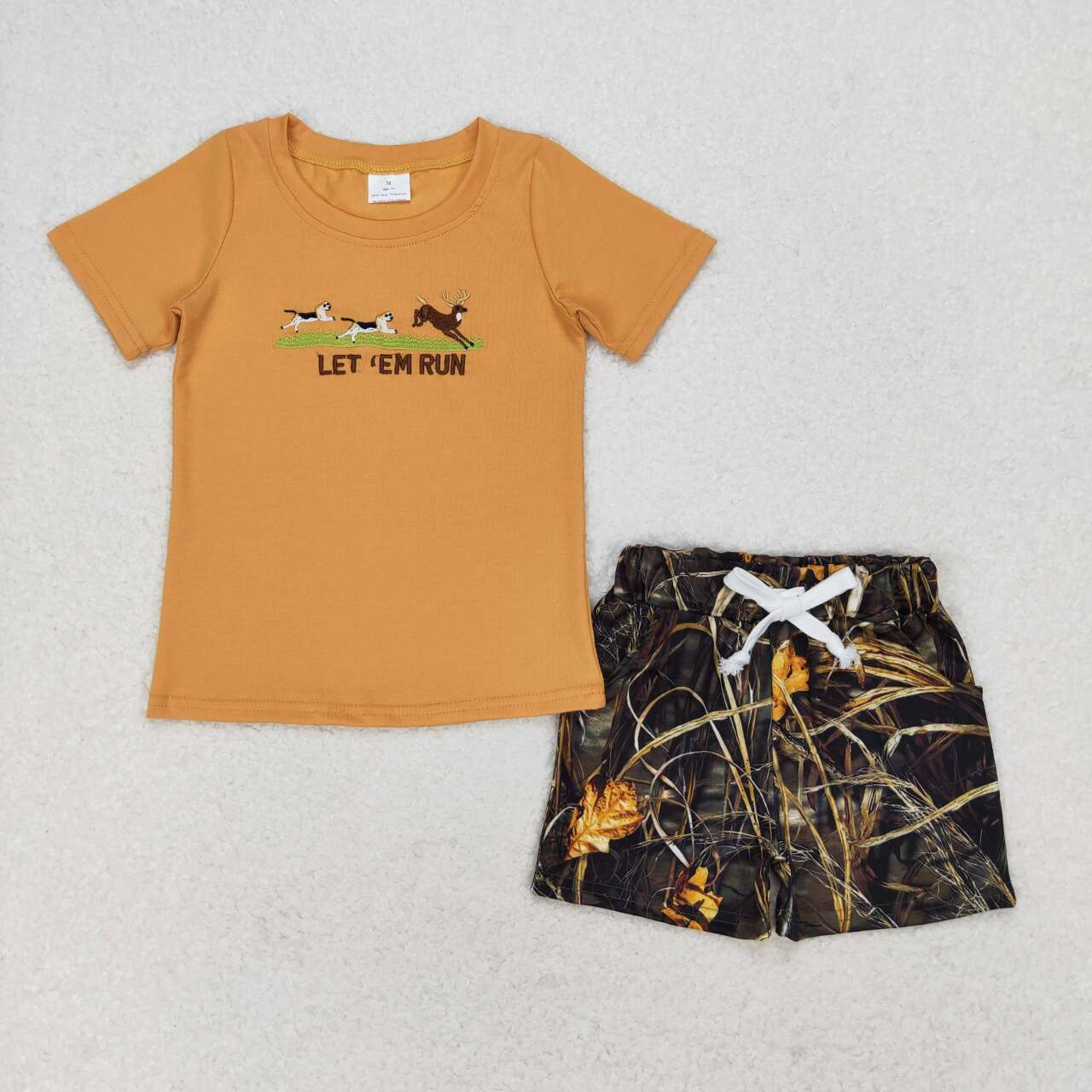 BSSO0924 Let Em Run Dog Deer Embroidery Top Branch Shorts Boys Summer Hunting Clothes Set
